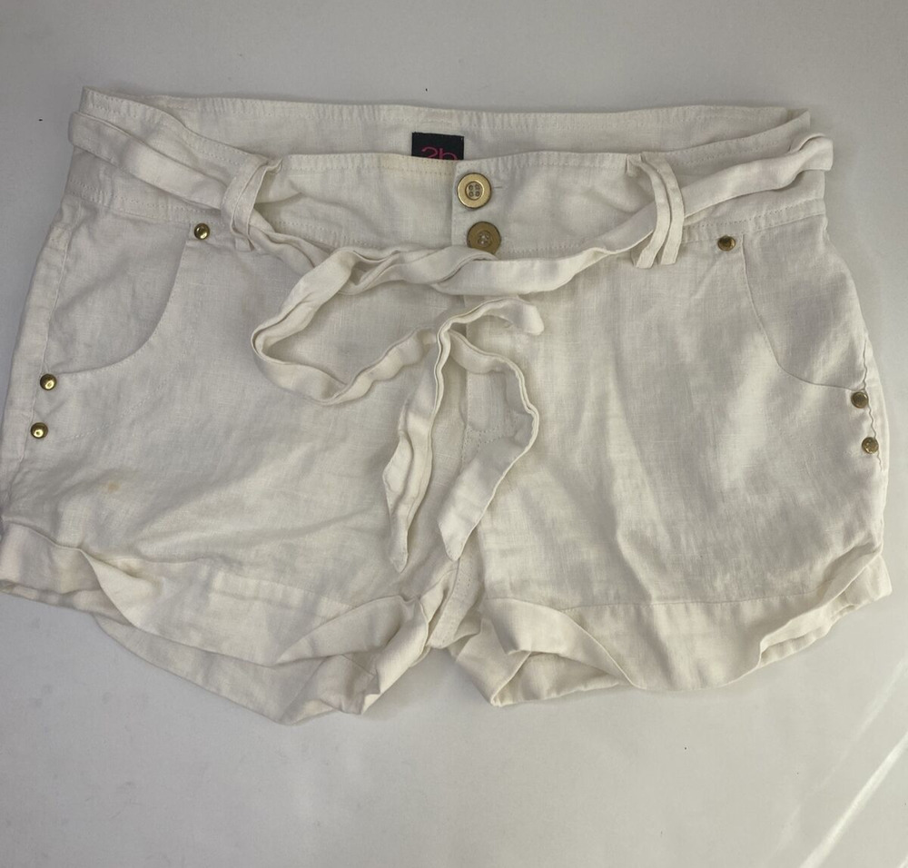 2b bebe Womens Size Medium 100% Linen Shorts Pockets White Tie Button